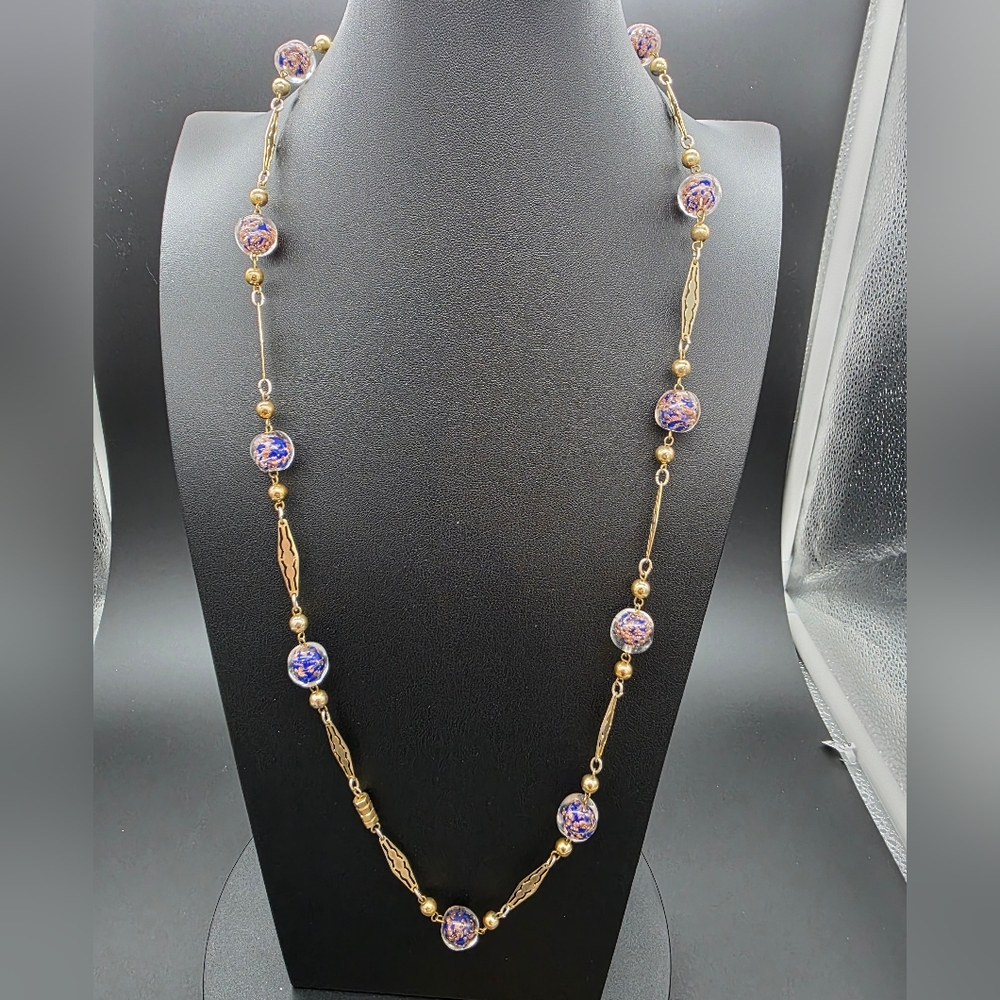 Vintage Murano 30” Glass Bead Sommerso Necklace/Post Earrings “Aventurine" Italy
